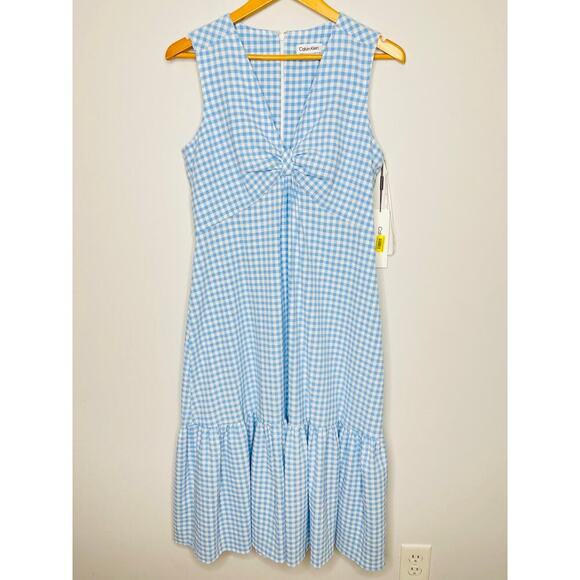 Calvin Klein Women’s Blue Gingham  Sleeveless Front Knot Midi Dress size 10 NWT - Picture 9 of 10